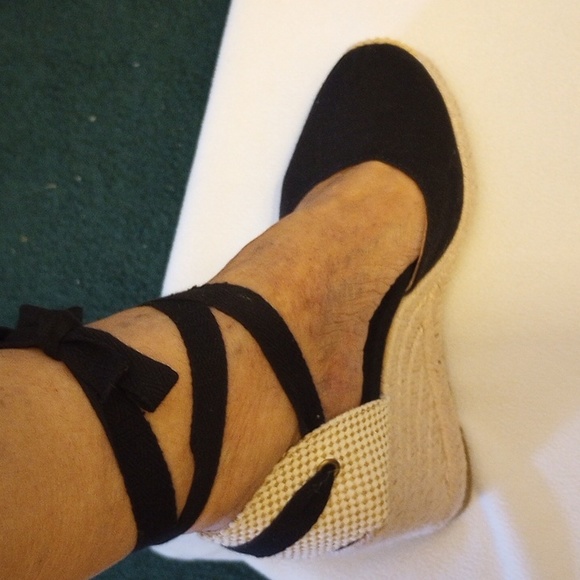 Black Ankle Wrap Wedge Shoes - Picture 2 of 5